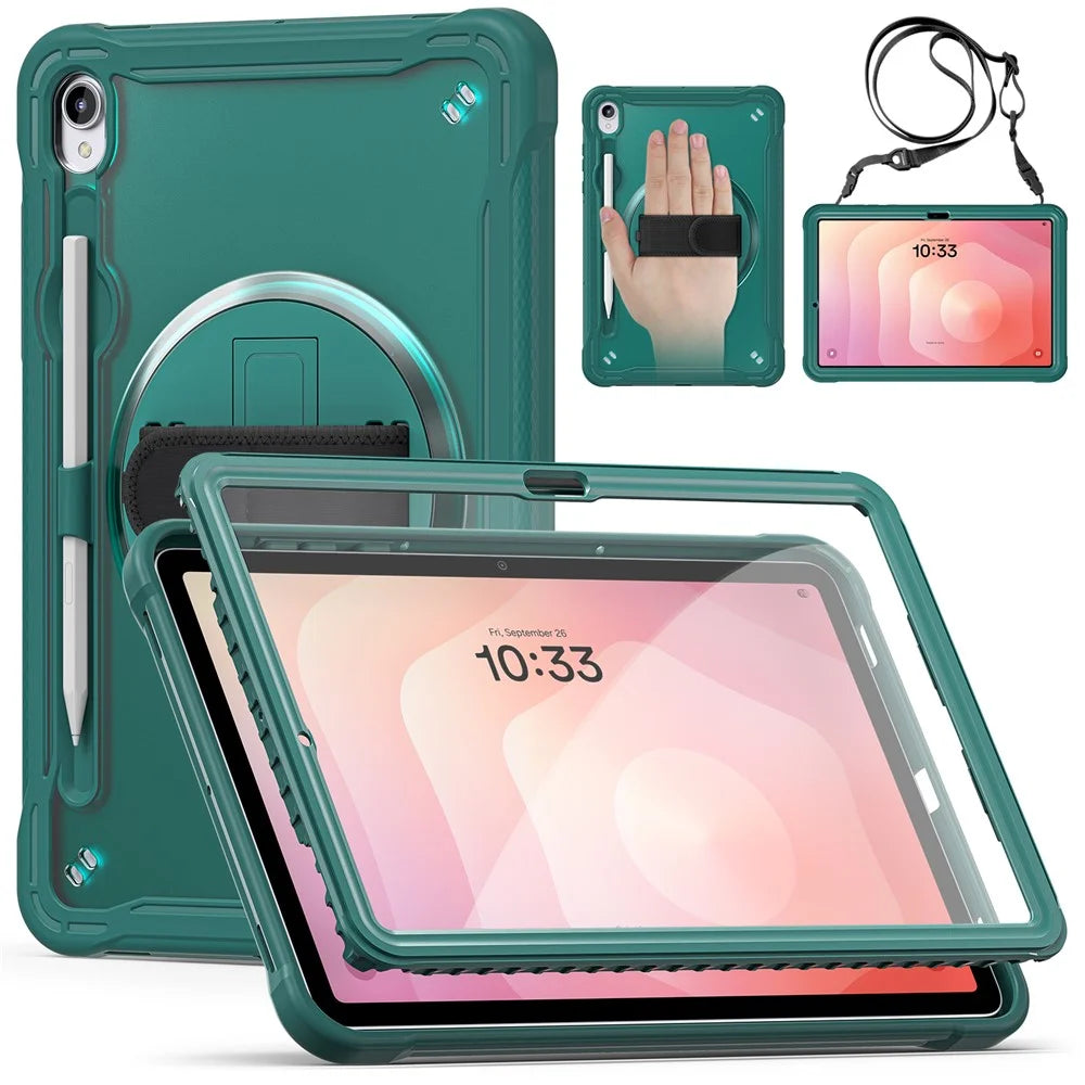 For Samsung Galaxy Tab S11 Case Hand Strap Kickstand PC + TPU + Silicone Cover with Shoulder Strap - Midnight Green - 1