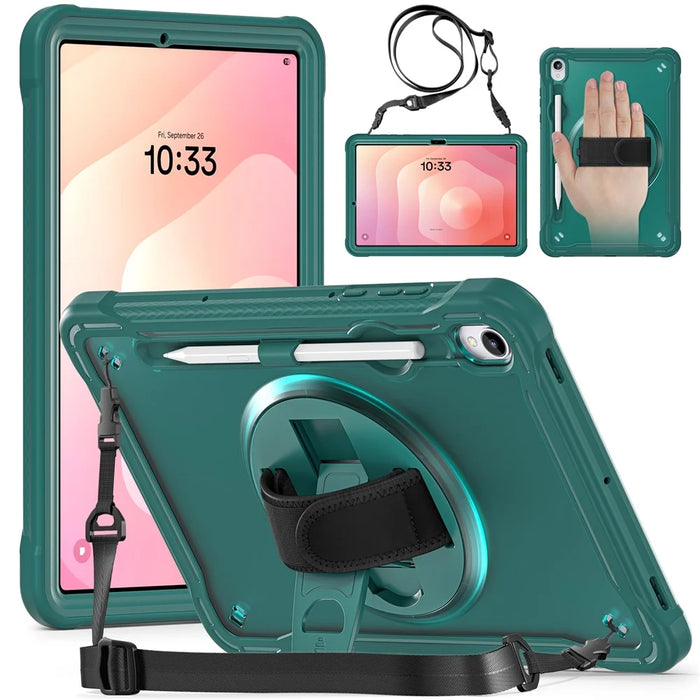 For Samsung Galaxy Tab S11 Case Hand Strap Kickstand PC + TPU + Silicone Cover with Shoulder Strap - Midnight Green - 2