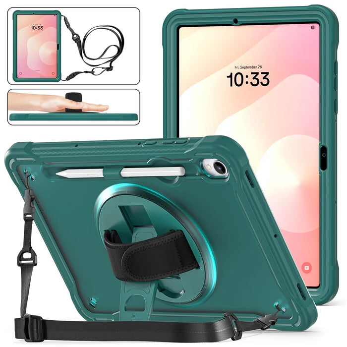 For Samsung Galaxy Tab S11 Case Hand Strap Kickstand PC + TPU + Silicone Cover with Shoulder Strap - Midnight Green - 3
