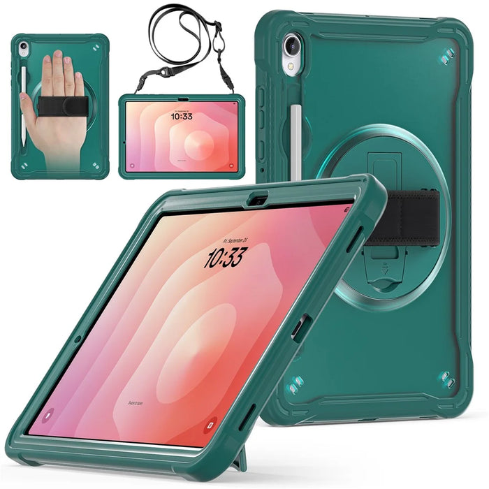 For Samsung Galaxy Tab S11 Case Hand Strap Kickstand PC + TPU + Silicone Cover with Shoulder Strap - Midnight Green - 4
