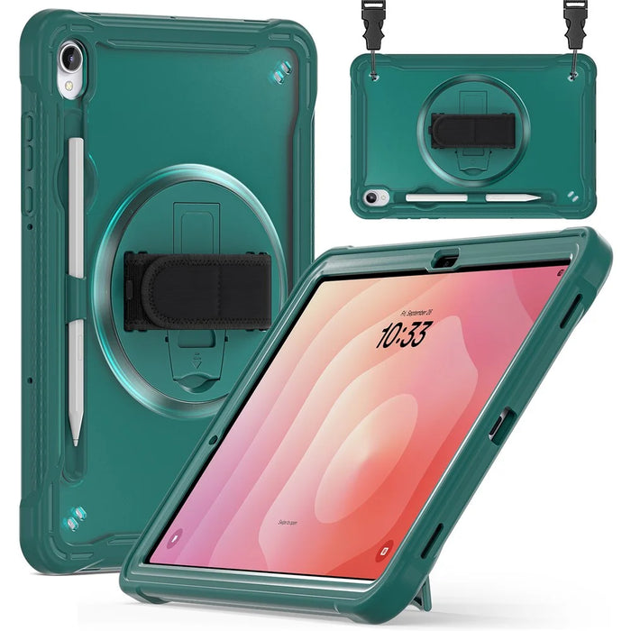 For Samsung Galaxy Tab S11 Case Hand Strap Kickstand PC + TPU + Silicone Cover with Shoulder Strap - Midnight Green - 6