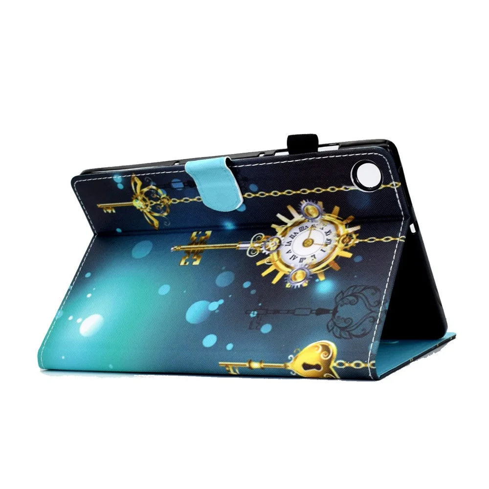 For Samsung Galaxy Tab A8 10.5 (2021) SM-X200 / X205 / Tab A8 10.5 (2022) Pattern Printing PU Leather Dual-sided Magnetic Cover Stand Stitching Case with Card Slots and Pencil Holder - Antique Clock - 4