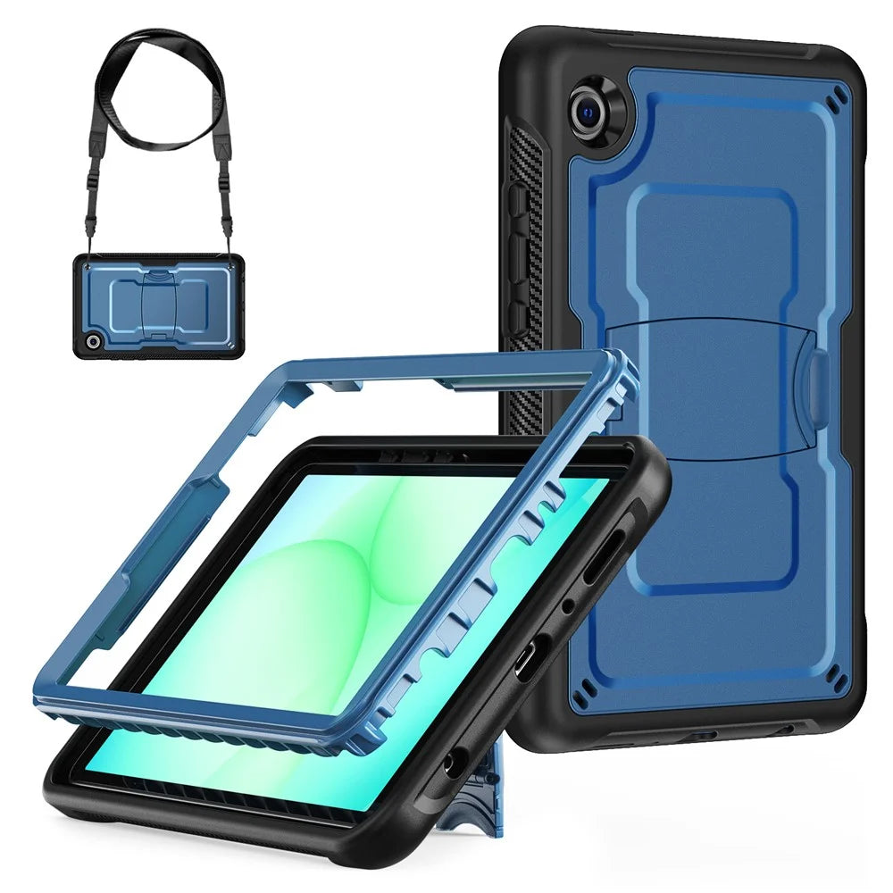 For Samsung Galaxy Tab A11 / A9 Case Hidden Zinc Alloy Kickstand PC + TPE Tablet Cover with Shoulder Strap - Navy Blue - 1