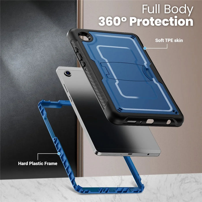 For Samsung Galaxy Tab A11 / A9 Case Hidden Zinc Alloy Kickstand PC + TPE Tablet Cover with Shoulder Strap - Navy Blue - 6