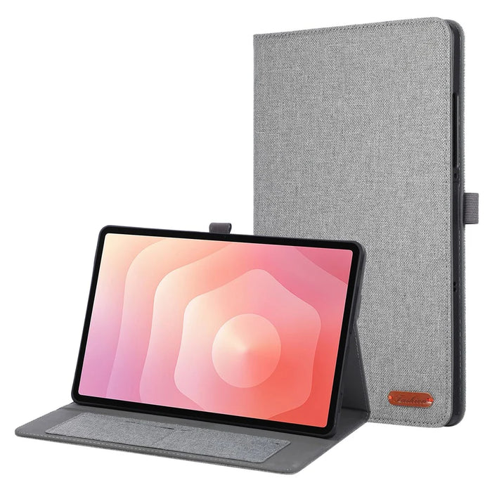 For Samsung Galaxy Tab S11 Case with Stand Card Holder Cloth Texture Leather Tablet Cover - Grey - 1