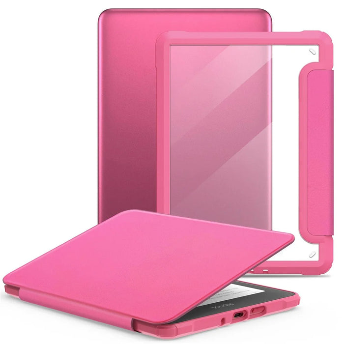 For Amazon Kindle Paperwhite (2024) Protective Case Clear Back Leather Flip Cover Support Auto Wake Sleep - Dark Rose - 1