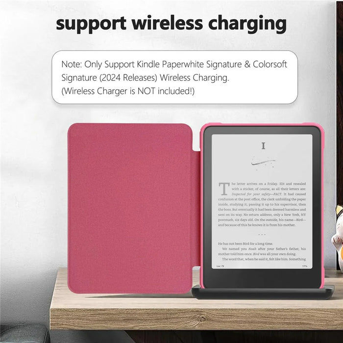 For Amazon Kindle Paperwhite (2024) Protective Case Clear Back Leather Flip Cover Support Auto Wake Sleep - Dark Rose - 2