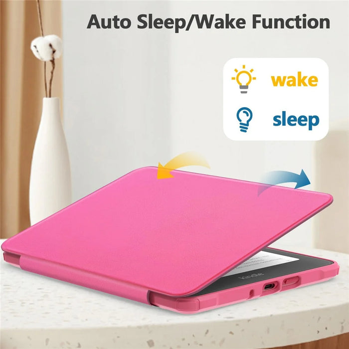 For Amazon Kindle Paperwhite (2024) Protective Case Clear Back Leather Flip Cover Support Auto Wake Sleep - Dark Rose - 4