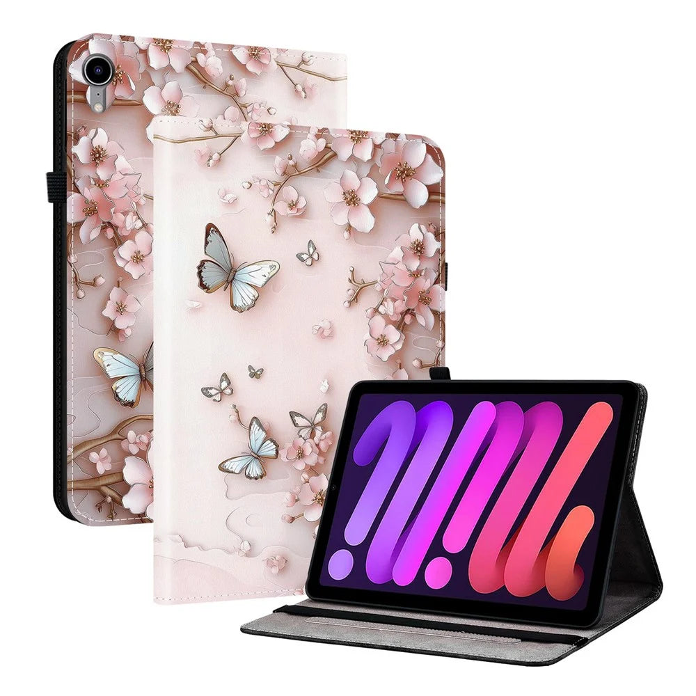 For iPad mini (2024)  /  (2021) Leather Case Pattern Printed Stand Tablet Cover with Card Slots - Pink Butterfly - 1