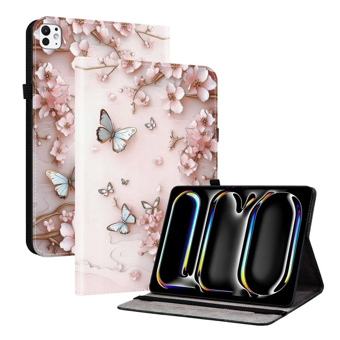 For iPad Pro 11 (2025)  /  (2024) Leather Case Pattern Printed Stand Tablet Cover with Card Slots - Pink Butterfly - 1
