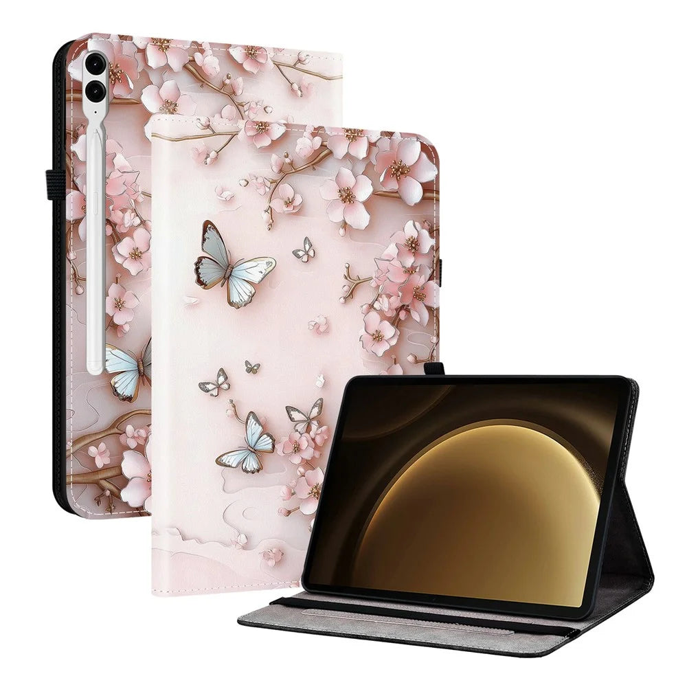 Leather Case For Samsung Galaxy Tab S10+  /  S9 FE+  /  S9+ Pattern Printed Stand Tablet Cover with Card Slots - Pink Butterfly - 1