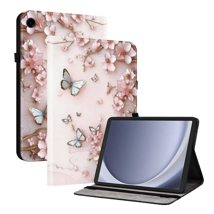 For Samsung Galaxy Tab A11  /  A9 Leather Case Pattern Printed Stand Tablet Cover with Card Slots - Pink Butterfly - 1