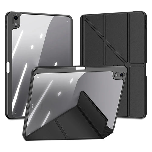 For iPad Air 11 (2026) / (2025) / (2024) / Air (2022) / (2020) Case Detachable Origami Stand Leather + TPU + Acryclic Clear Back Cover - Black - 1