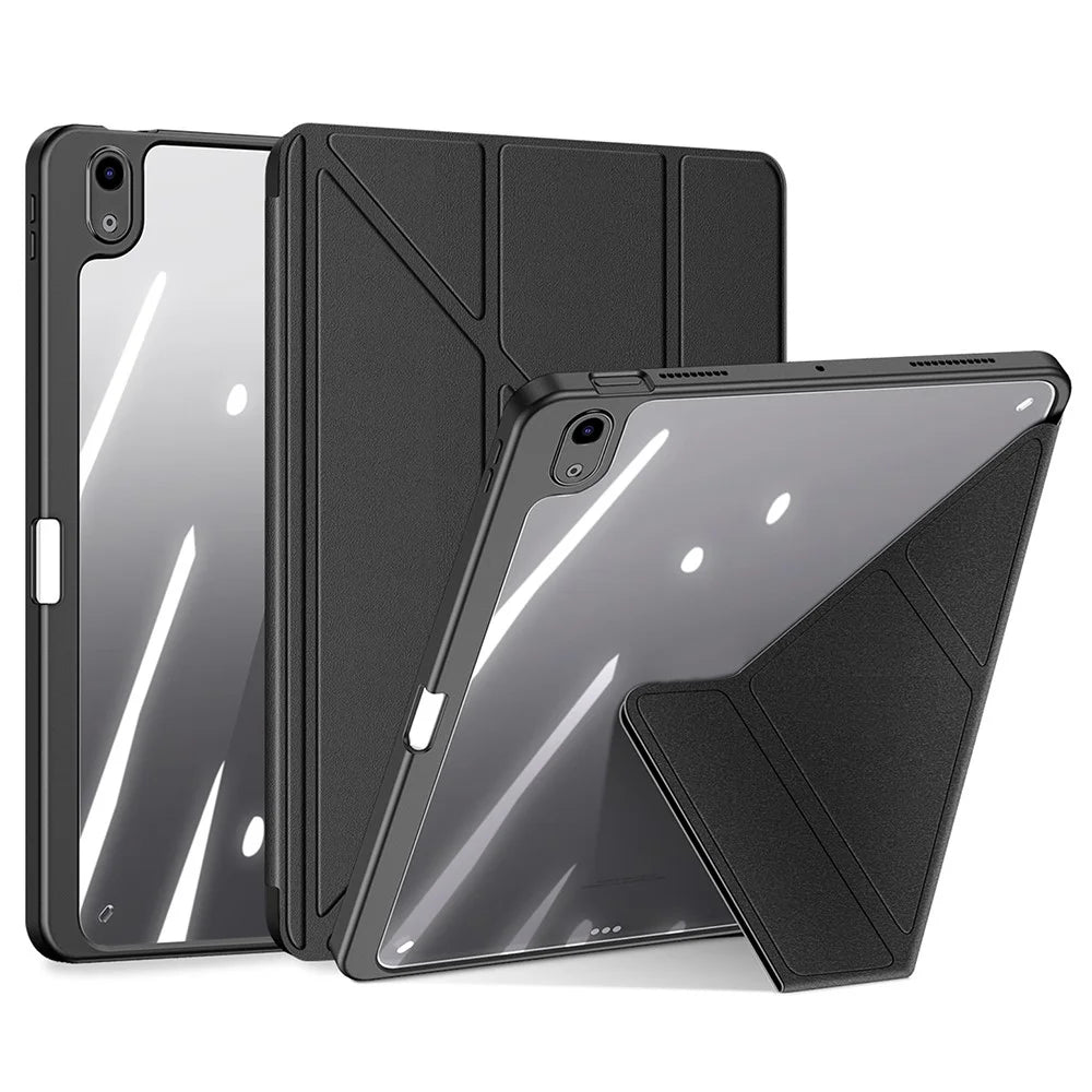 For iPad Air 11 (2026) / (2025) / (2024) / Air (2022) / (2020) Case Detachable Origami Stand Leather + TPU + Acryclic Clear Back Cover - Black - 2