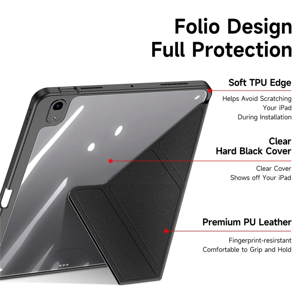 For iPad Air 11 (2026) / (2025) / (2024) / Air (2022) / (2020) Case Detachable Origami Stand Leather + TPU + Acryclic Clear Back Cover - Black - 6