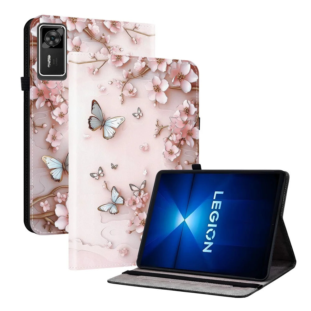 For Lenovo Legion Y700 Gen 4 Leather Case Pattern Printed Stand Tablet Cover with Card Slots - Pink Butterfly - 1