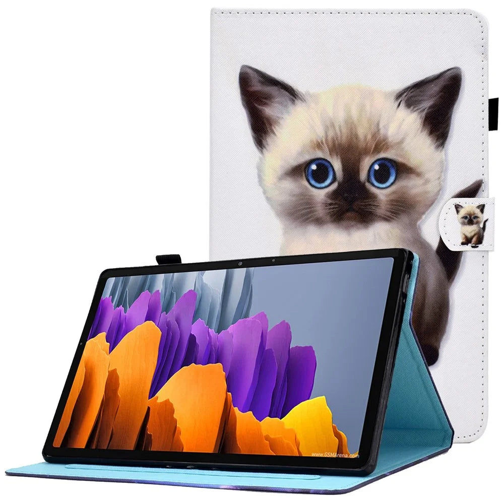 For Samsung Galaxy Tab S7 SM-T870 / T875  /  S8 SM-X700 / X706 Pattern Printing PU Leather Magnetic Cover Card Slots Stand Design Stitching Case with Pencil Holder - Cute Cat - 1