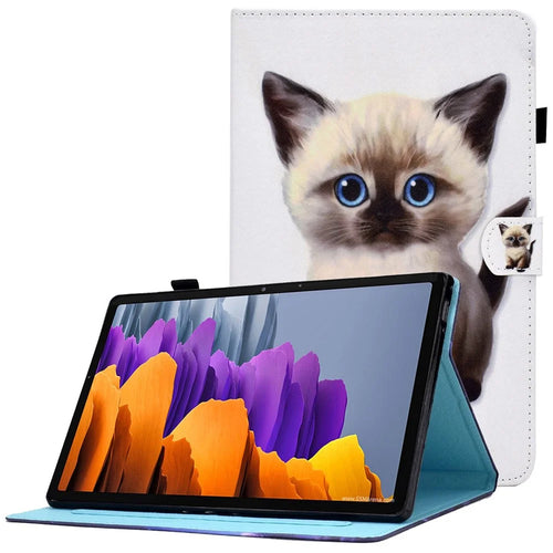 For Samsung Galaxy Tab S7 SM-T870 / T875  /  S8 SM-X700 / X706 Pattern Printing PU Leather Magnetic Cover Card Slots Stand Design Stitching Case with Pencil Holder - Cute Cat - 1
