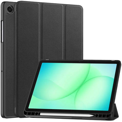 For Samsung Galaxy Tab A11+ / A9+ Stand Case Shock-Absorbent Leather Tablet Cover with Pen Slot - Black - 1