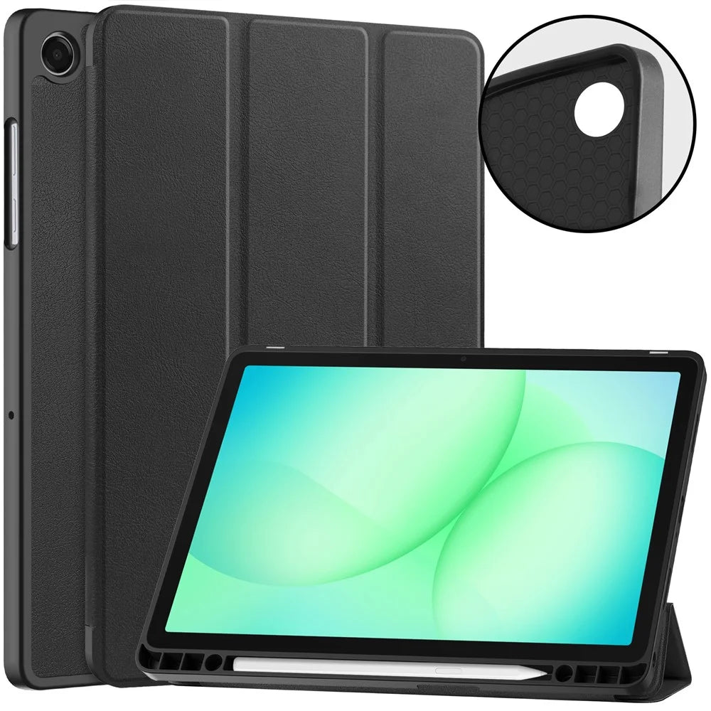 For Samsung Galaxy Tab A11+ / A9+ Stand Case Shock-Absorbent Leather Tablet Cover with Pen Slot - Black - 5