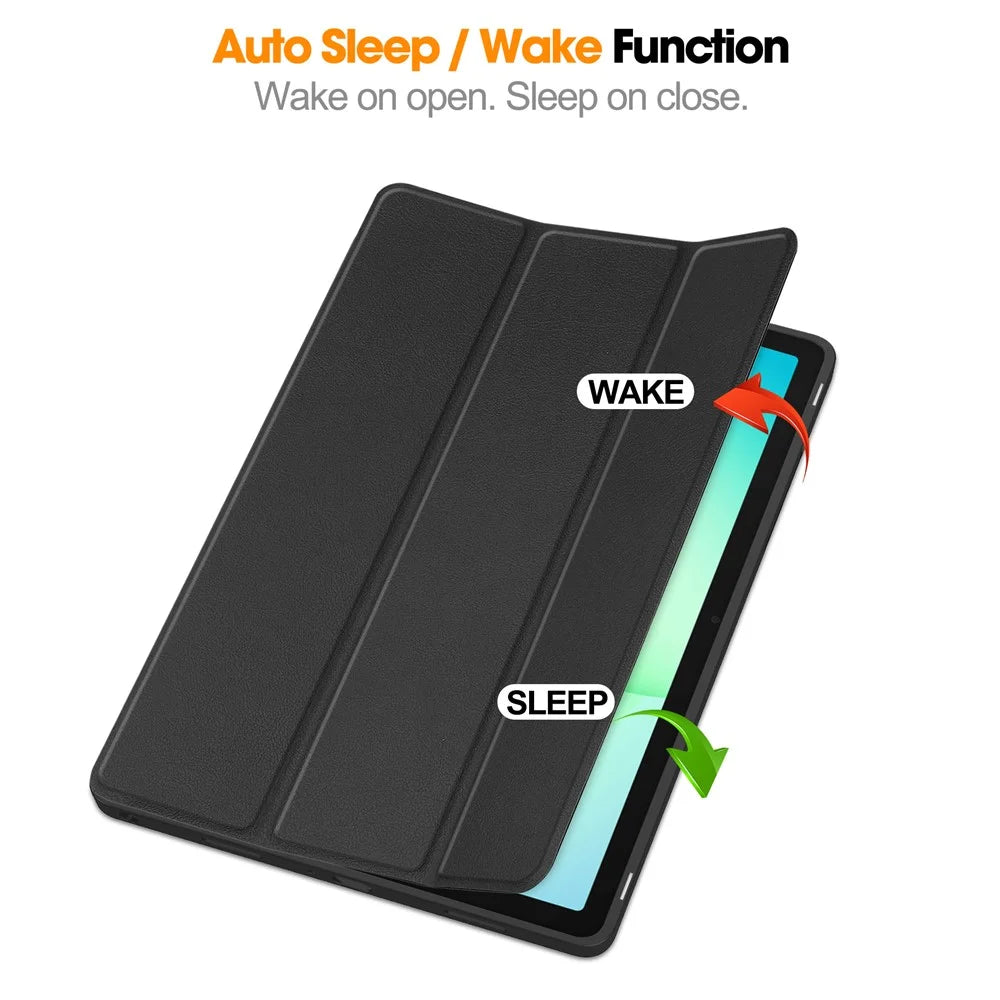 For Samsung Galaxy Tab A11+ / A9+ Stand Case Shock-Absorbent Leather Tablet Cover with Pen Slot - Black - 6