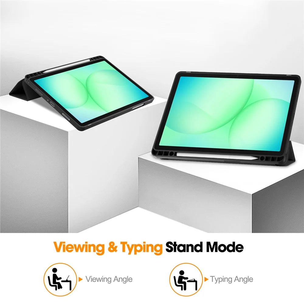 For Samsung Galaxy Tab A11+ / A9+ Stand Case Shock-Absorbent Leather Tablet Cover with Pen Slot - Black - 7