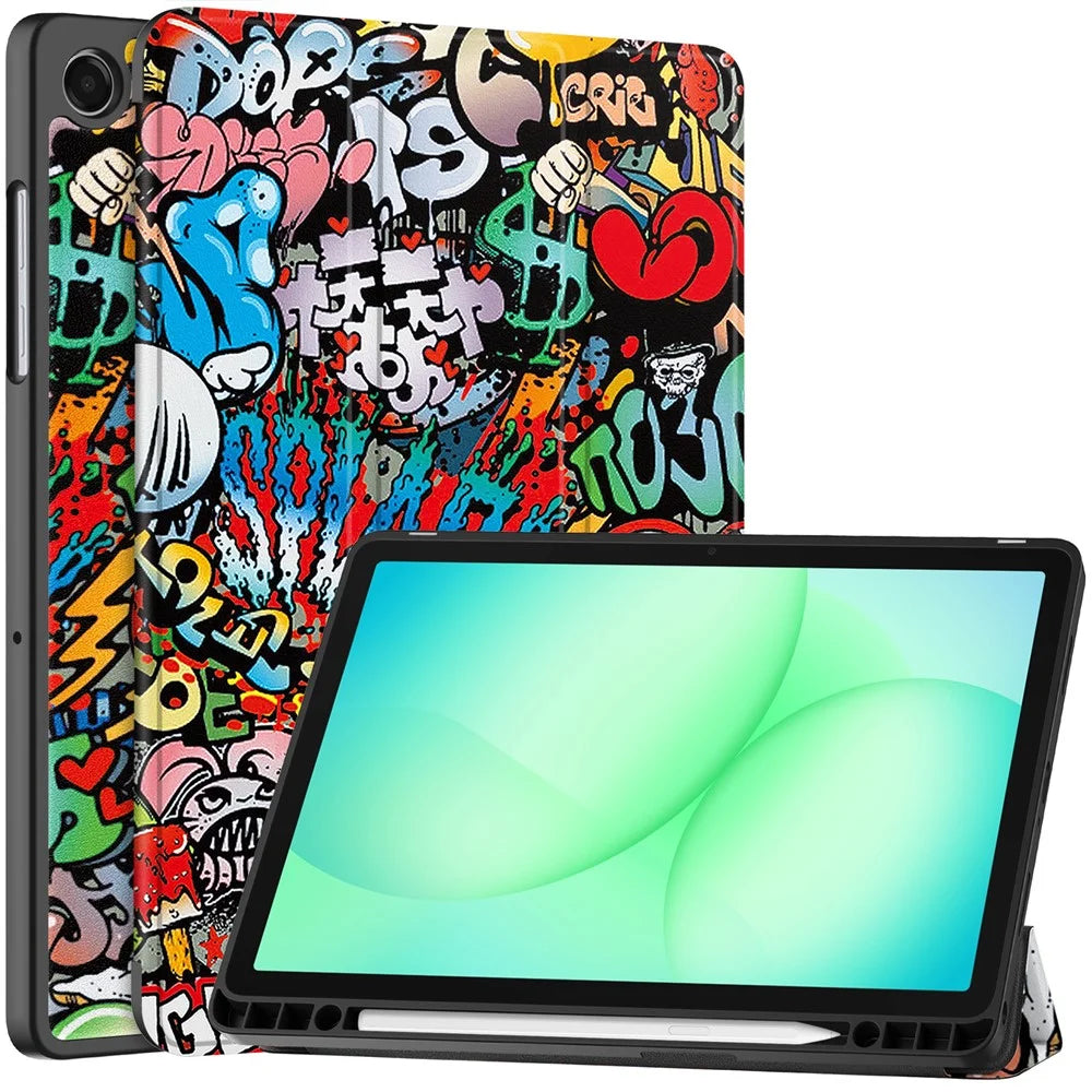 For Samsung Galaxy Tab A11+ / A9+ Tablet Case Pattern Printing Tri-Fold Stand Leather + TPU Cover with Pen Holder - Graffiti - 1