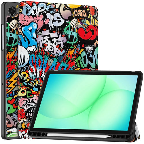 For Samsung Galaxy Tab A11+ / A9+ Tablet Case Pattern Printing Tri-Fold Stand Leather + TPU Cover with Pen Holder - Graffiti - 1