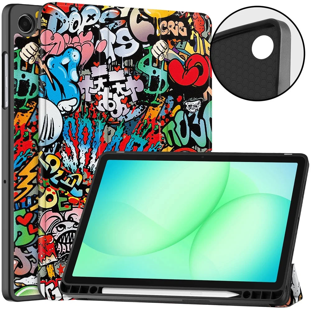 For Samsung Galaxy Tab A11+ / A9+ Tablet Case Pattern Printing Tri-Fold Stand Leather + TPU Cover with Pen Holder - Graffiti - 5