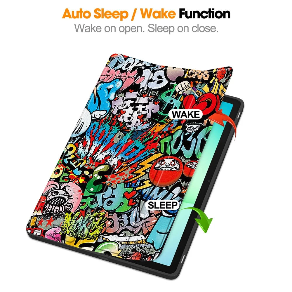 For Samsung Galaxy Tab A11+ / A9+ Tablet Case Pattern Printing Tri-Fold Stand Leather + TPU Cover with Pen Holder - Graffiti - 6