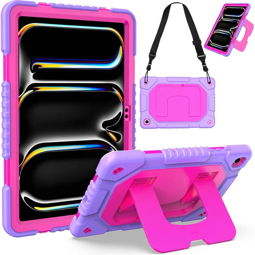 For Samsung Galaxy Tab A11+ / A9+ Case Kickstand Silicone + PC Tablet Cover with Shoulder Strap - Hot Pink - 1