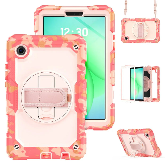 For Samsung Galaxy Tab A11 / A9 Case Camo Printing PC + Silicone Tablet Cover with PET Film / Shoulder Strap - Pink - 1