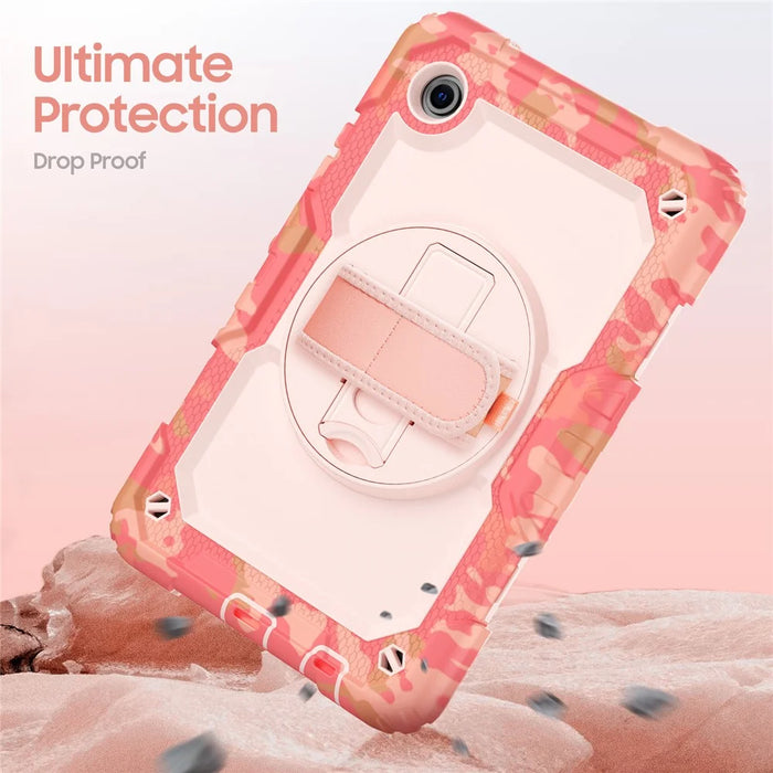 For Samsung Galaxy Tab A11 / A9 Case Camo Printing PC + Silicone Tablet Cover with PET Film / Shoulder Strap - Pink - 7