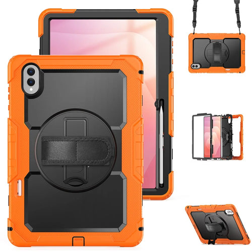 For Samsung Galaxy Tab S11 Ultra Case Hand Strap Kickstand PC + Silicone Tablet Cover with PET Film and Shoulder Strap - Orange - 1