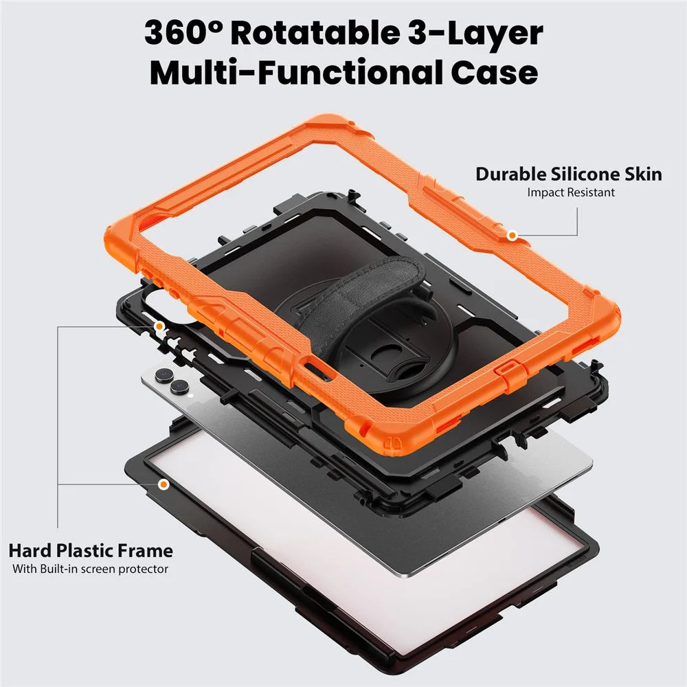 For Samsung Galaxy Tab S11 Ultra Case Hand Strap Kickstand PC + Silicone Tablet Cover with PET Film and Shoulder Strap - Orange - 2