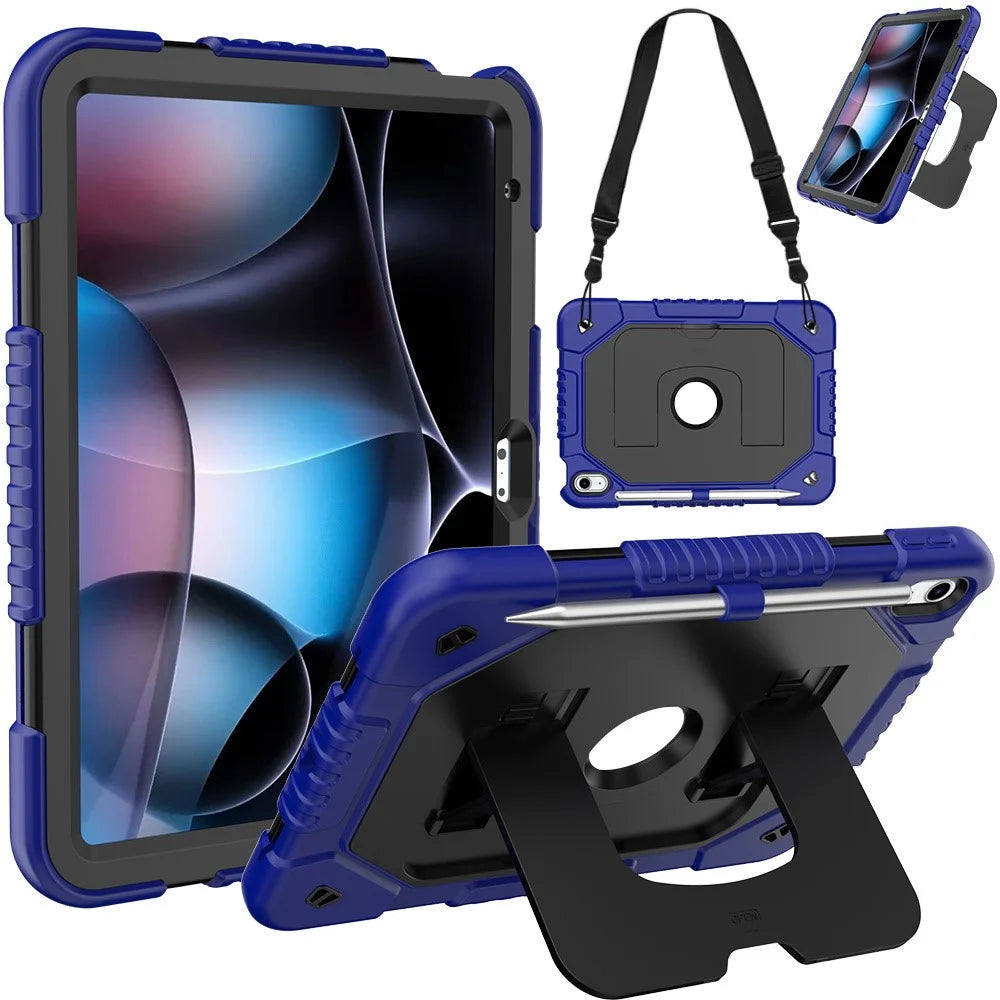 For iPad (2025) / iPad 10.9 (2022) Case Kickstand Silicone + PC Tablet Cover with Shoulder Strap - Navy Blue - 1