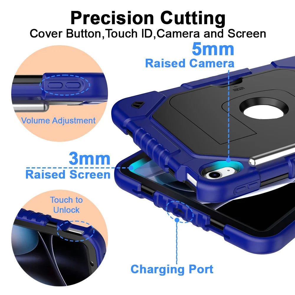 For iPad (2025) / iPad 10.9 (2022) Case Kickstand Silicone + PC Tablet Cover with Shoulder Strap - Navy Blue - 4