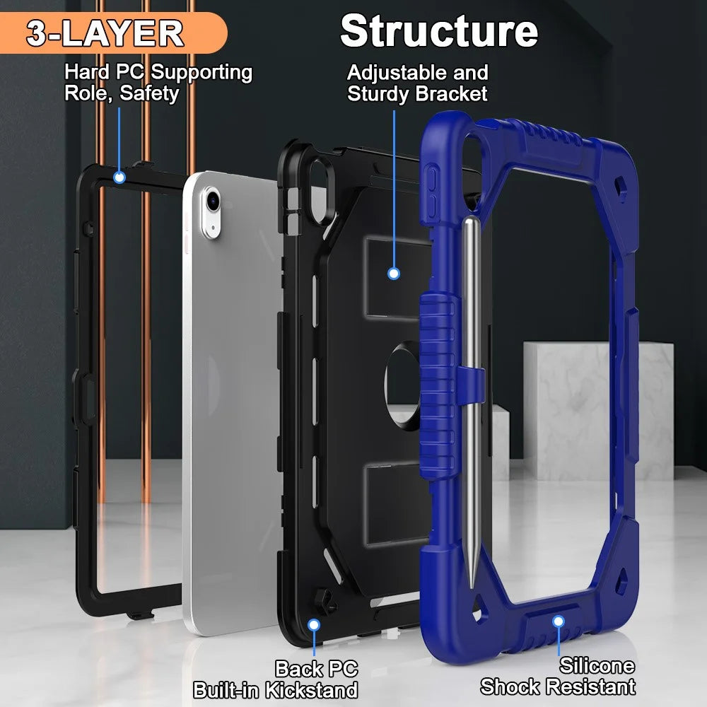 For iPad (2025) / iPad 10.9 (2022) Case Kickstand Silicone + PC Tablet Cover with Shoulder Strap - Navy Blue - 6