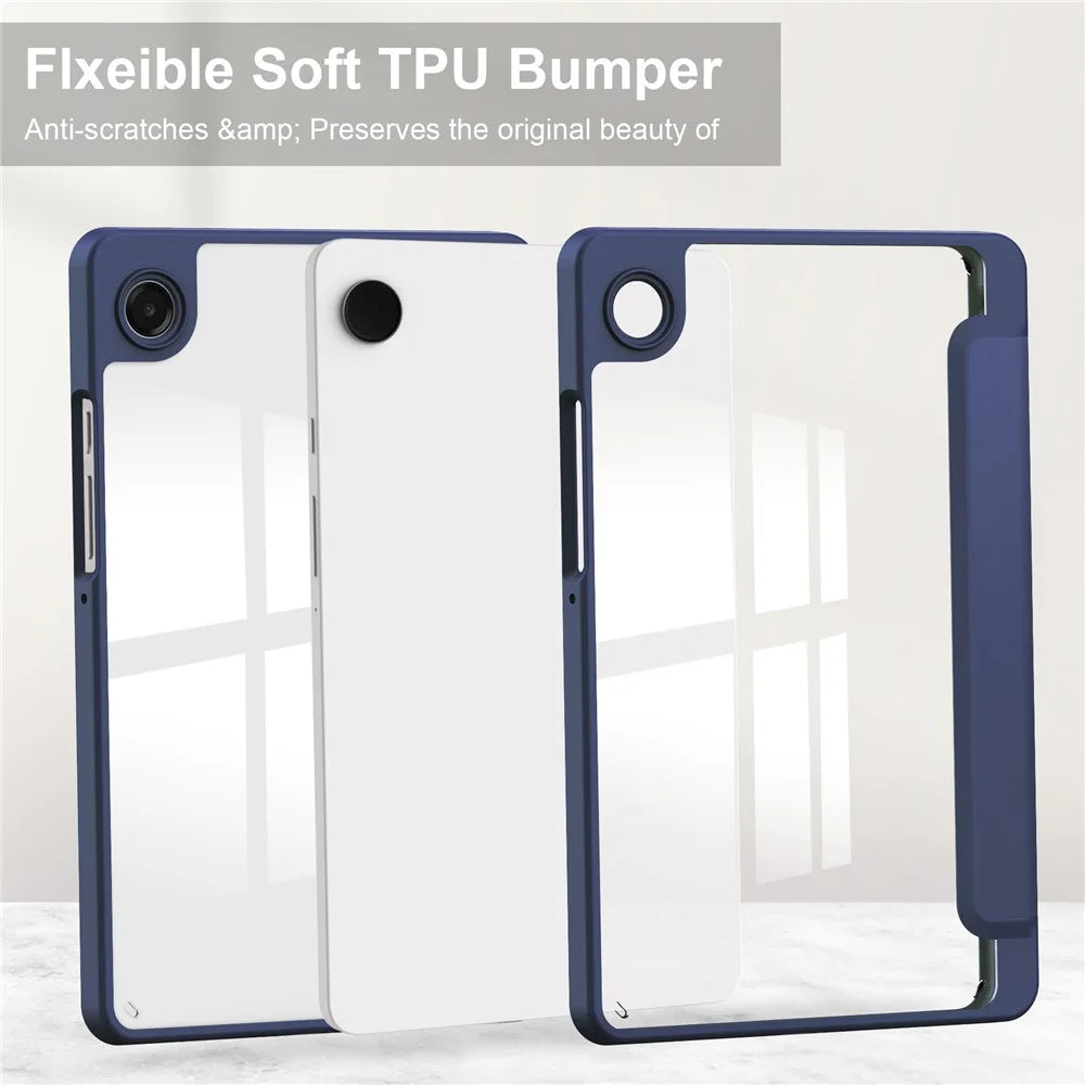 For Samsung Galaxy Tab A11 Case Auto Sleep  /  Wake Clear Acrylic TPU Leather Tablet Cover with Pen Slot - Dark Blue - 7