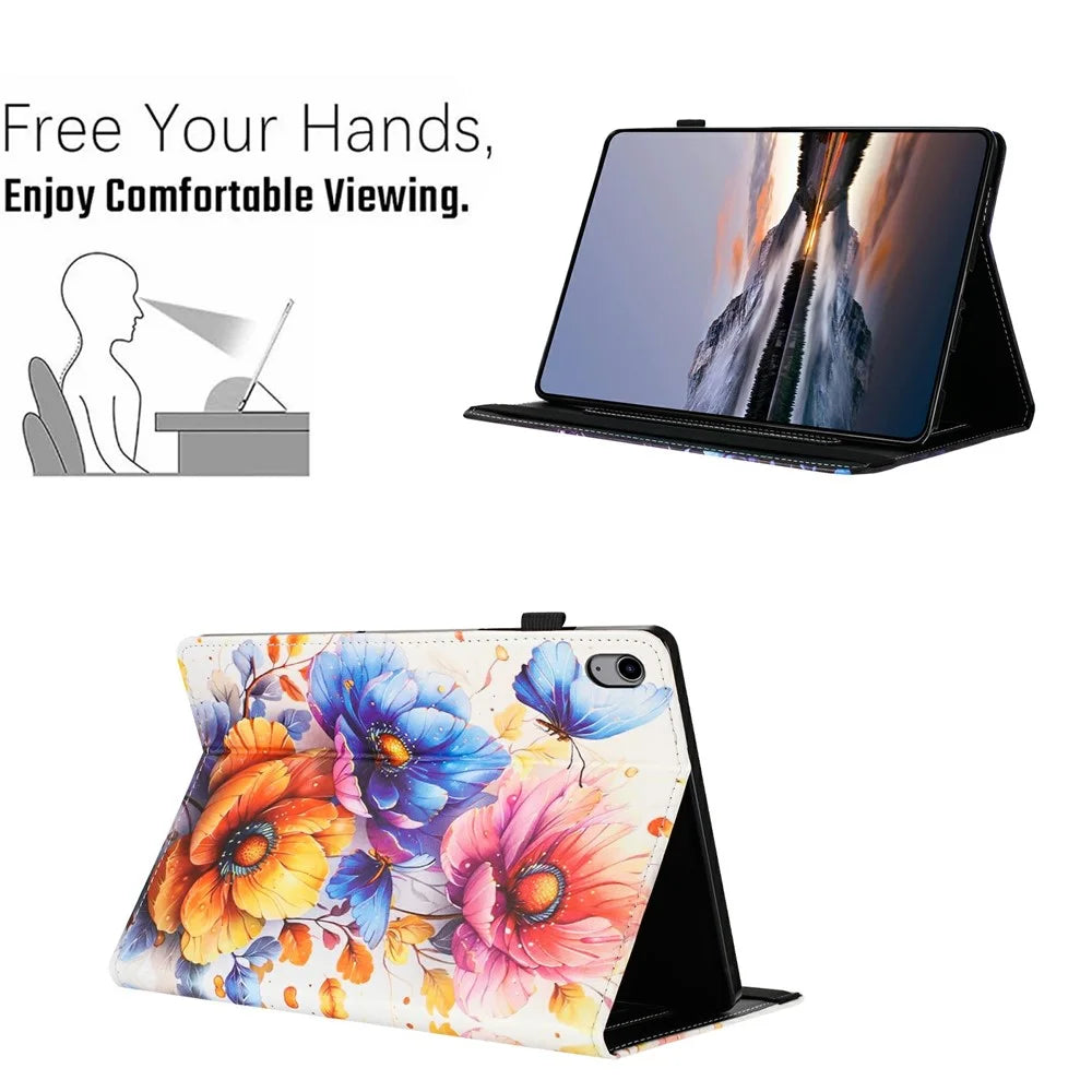 Litchi Grain Painting Leather Case for iPad (2025)  /  iPad 10.9 (2022) Card Slot Tablet Cover with Auto Wake  /  Sleep - Flower - 7