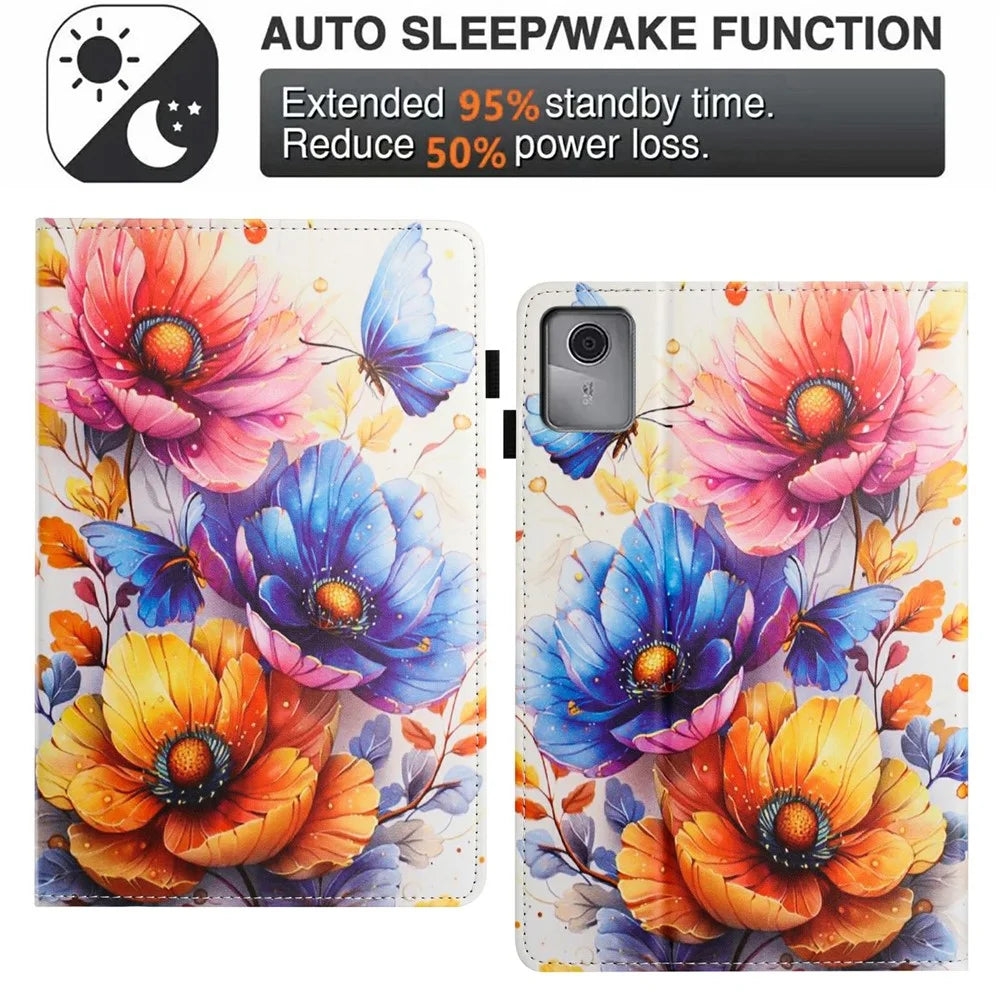 Litchi Grain Painting Leather Case for Lenovo Tab M11  /  Xiaoxin Pad 11 2024 Card Slot Tablet Cover with Auto Wake  /  Sleep - Flower - 6