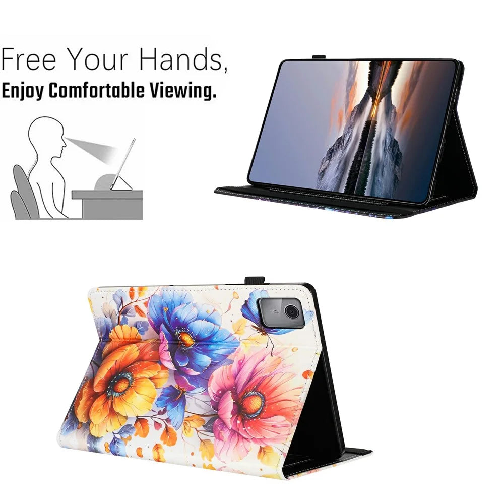Litchi Grain Painting Leather Case for Lenovo Tab M11  /  Xiaoxin Pad 11 2024 Card Slot Tablet Cover with Auto Wake  /  Sleep - Flower - 7