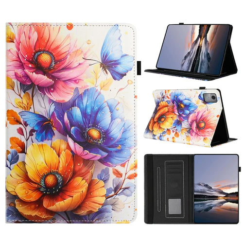Litchi Grain Painting Leather Case for Lenovo Xiaoxin Pad 11 2025 Card Slot Tablet Cover with Auto Wake  /  Sleep - Flower - 1