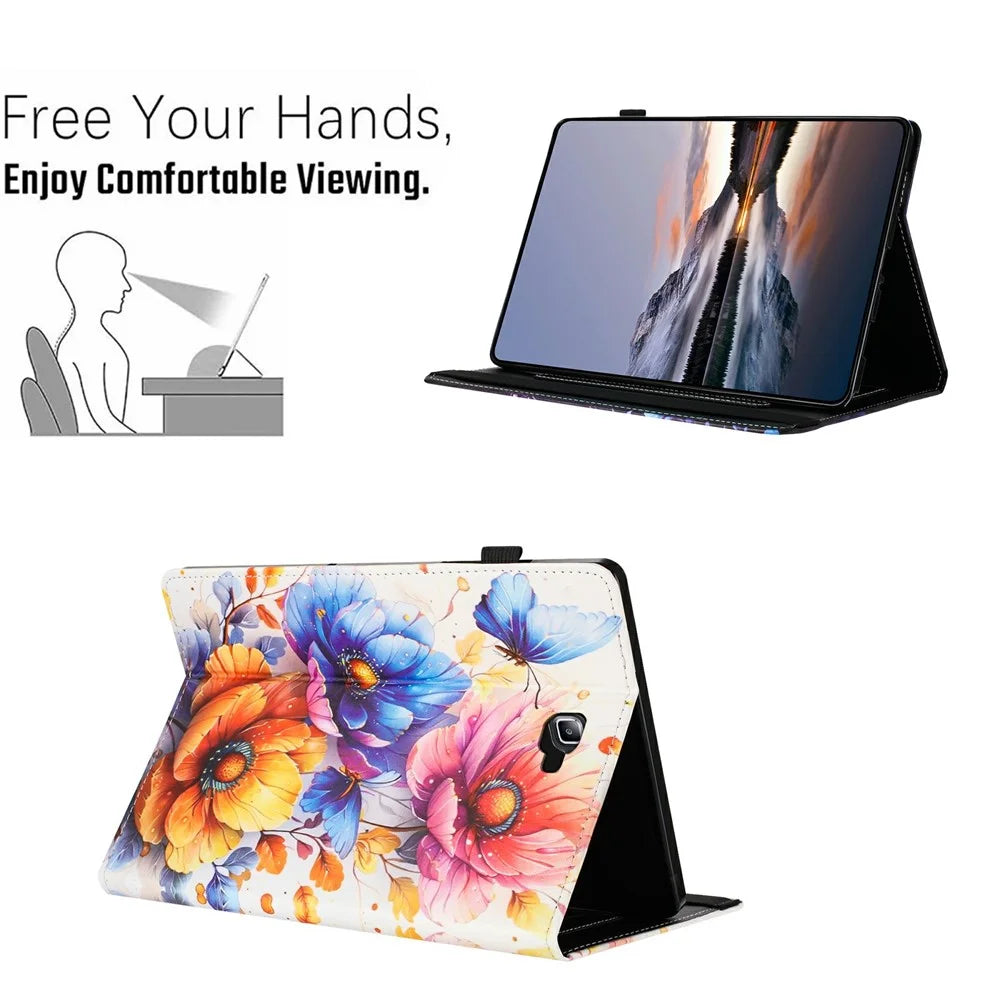 Litchi Grain Painting Leather Case for Samsung Galaxy Tab A 10.1 (2016) T580 T585 Card Slot Tablet Cover with Auto Wake  /  Sleep - Flower - 7