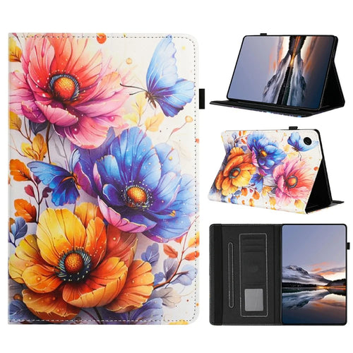 Litchi Grain Painting Leather Case for Samsung Galaxy Tab A11 / A9 Card Slot Tablet Cover with Auto Wake  /  Sleep - Flower - 1