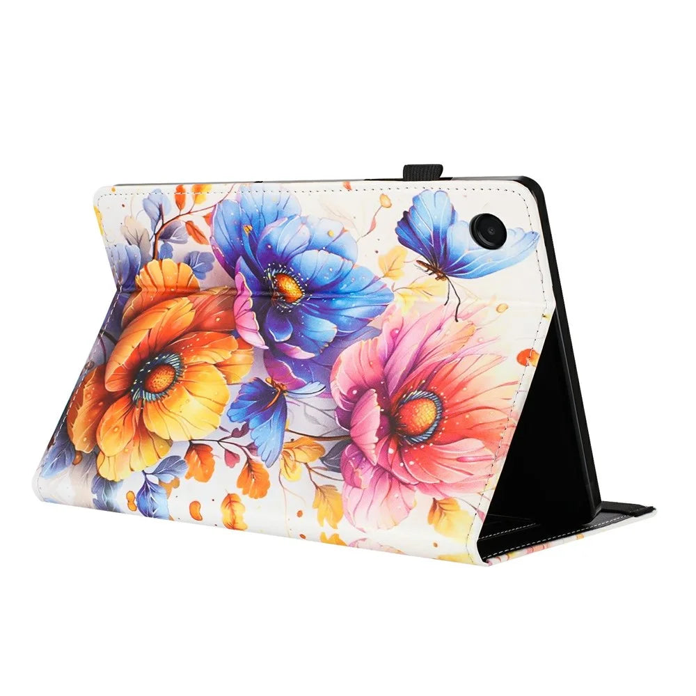 Litchi Grain Painting Leather Case for Samsung Galaxy Tab A11 / A9 Card Slot Tablet Cover with Auto Wake  /  Sleep - Flower - 4