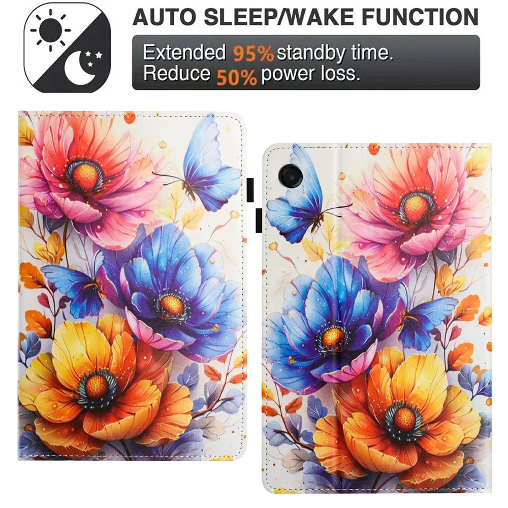Litchi Grain Painting Leather Case for Samsung Galaxy Tab A11 / A9 Card Slot Tablet Cover with Auto Wake  /  Sleep - Flower - 6