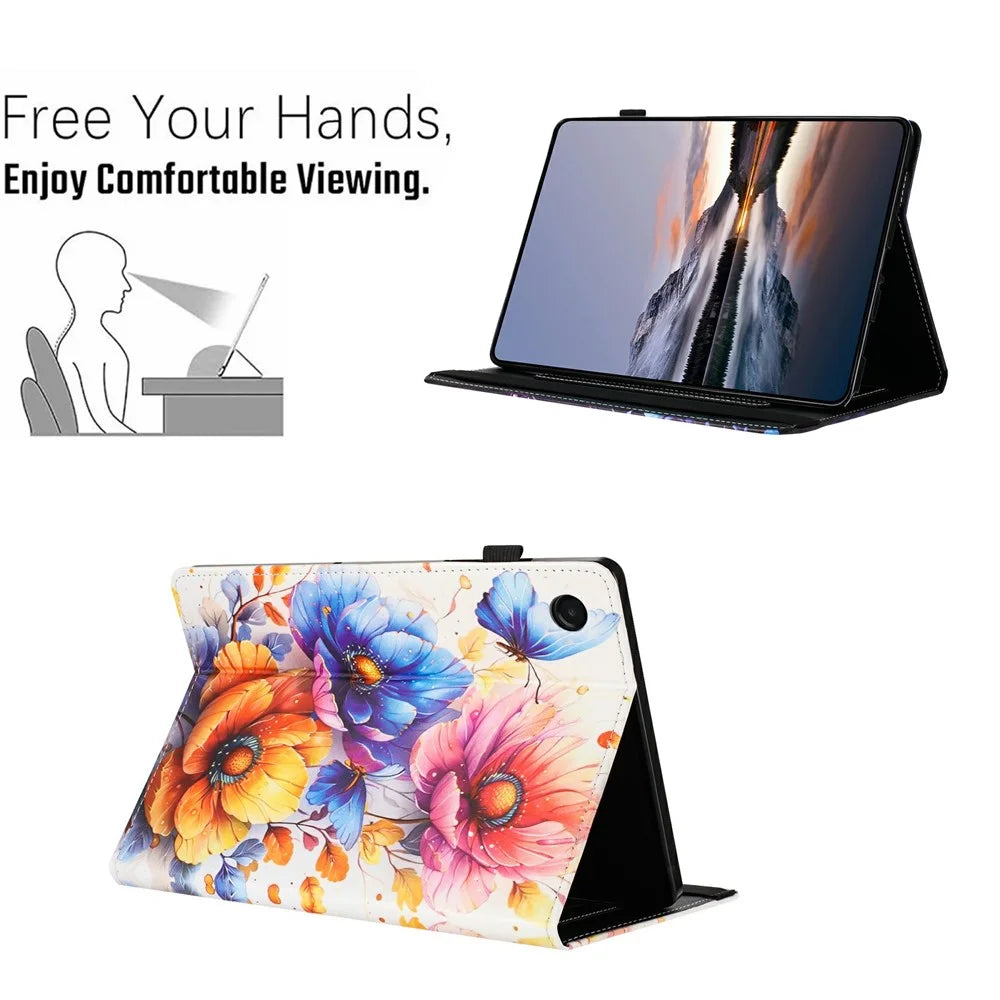 Litchi Grain Painting Leather Case for Samsung Galaxy Tab A11 / A9 Card Slot Tablet Cover with Auto Wake  /  Sleep - Flower - 7