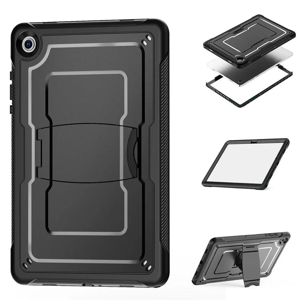 For Samsung Galaxy Tab A11+  /  A9+ Case Hidden Zinc Alloy Kickstand PC + TPE Tablet Cover with Shoulder Strap - Black - 1