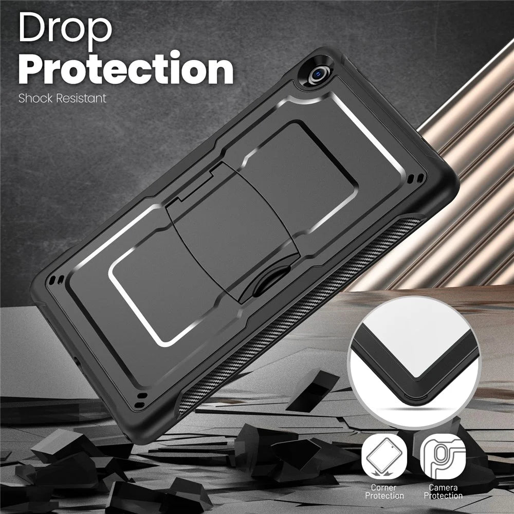 For Samsung Galaxy Tab A11+  /  A9+ Case Hidden Zinc Alloy Kickstand PC + TPE Tablet Cover with Shoulder Strap - Black - 7